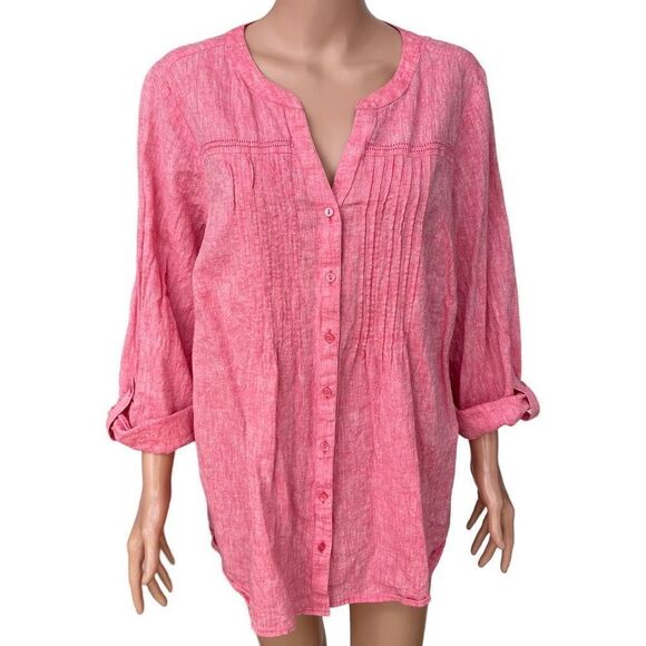 Kim Rodgers pleated front pink linen blend blouse roll tab sleeves size 2X - Picture 1 of 7